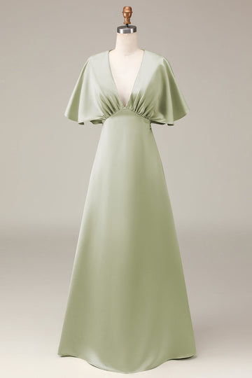Dusty Sage V-hals korte ermer A-line Satin brudepike kjole